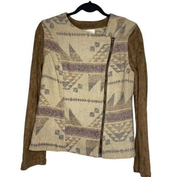 Skies Are Blue Jackets & Blazers - Skies Are Blue Meia Woven Mixed Print Moto Jacket Brown Aztec Small